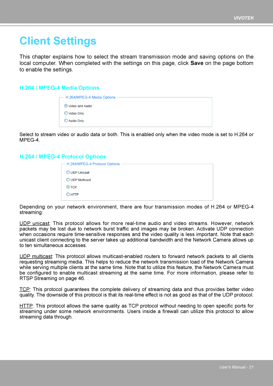 Vivotek IP8161 manual Client Settings 