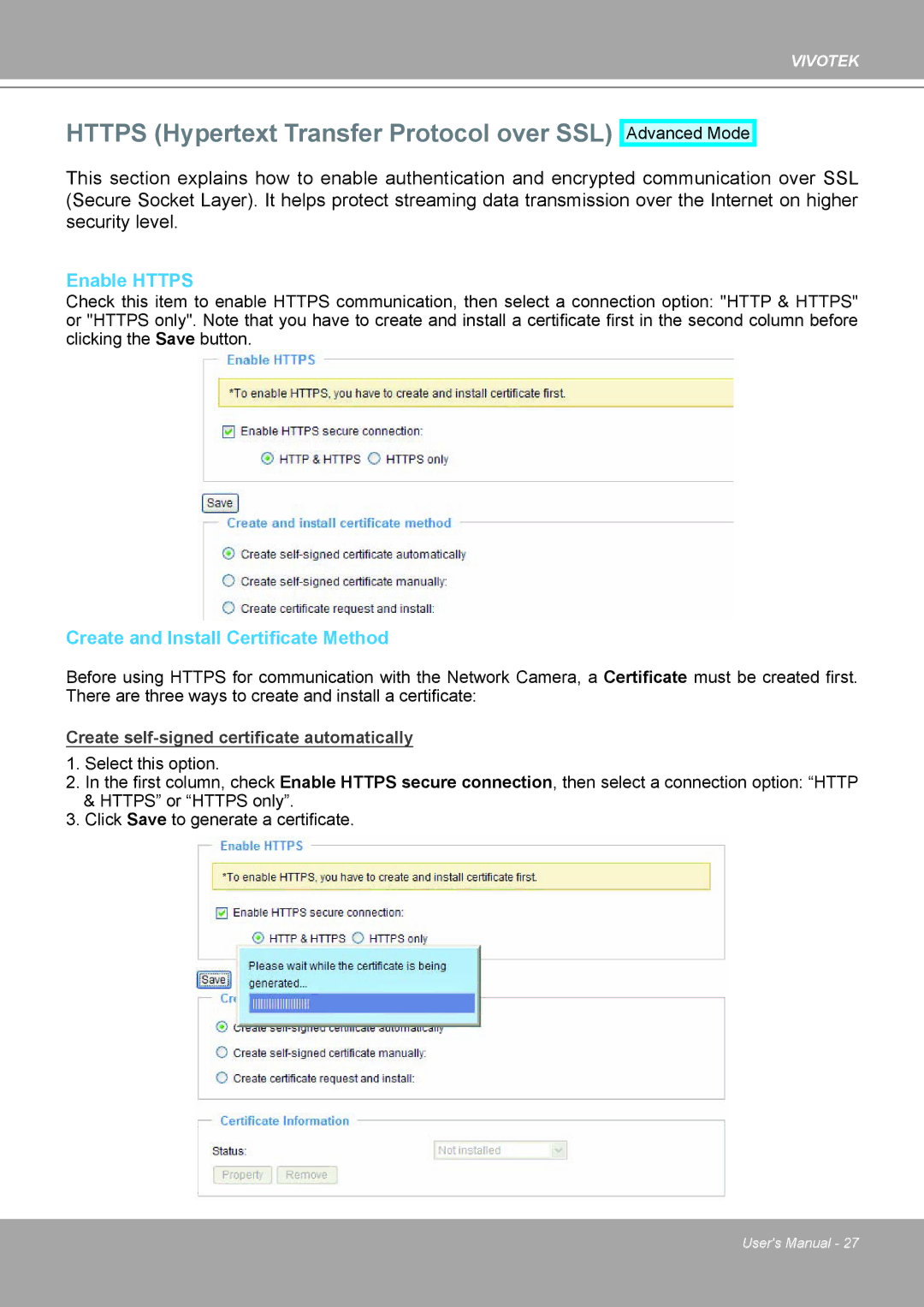 Vivotek IP8161 manual Https Hypertext Transfer Protocol over SSL, Enable Https, Create and Install Certificate Method 