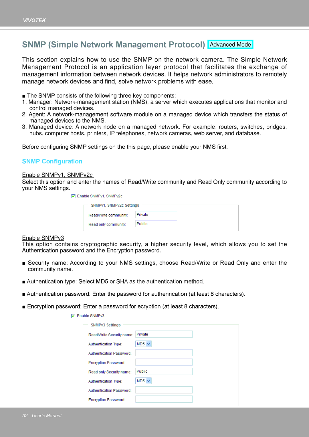 Vivotek IP8161 manual Snmp Simple Network Management Protocol, Snmp Configuration 