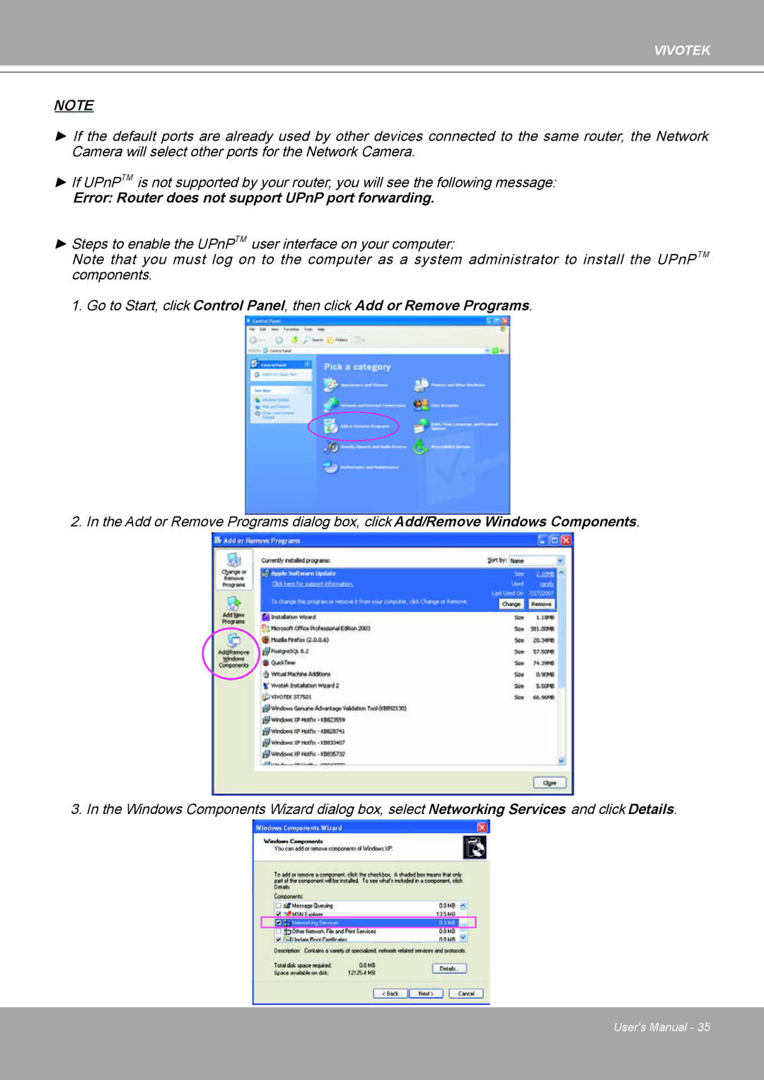 Vivotek IP8161 manual Error Router does not support UPnP port forwarding 