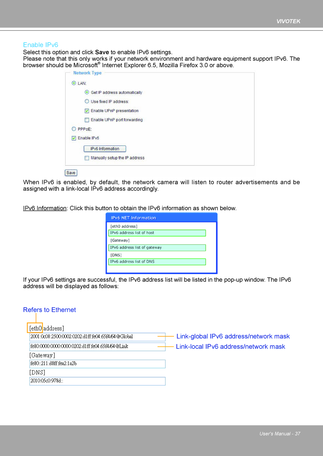 Vivotek IP8161 manual Enable IPv6 