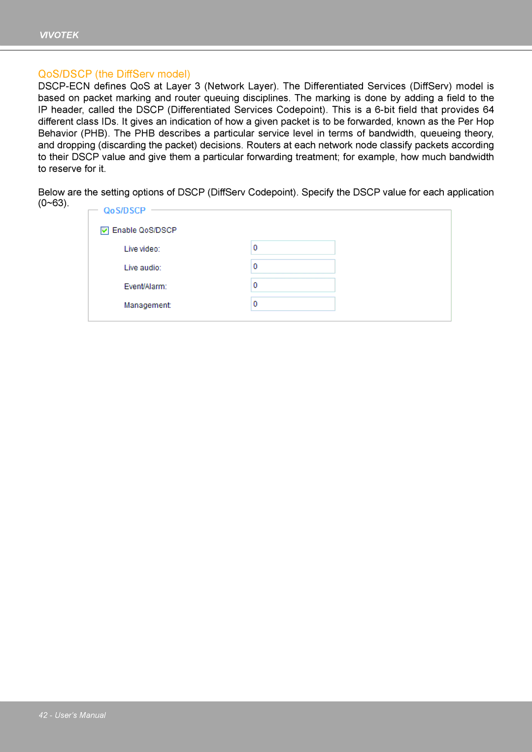 Vivotek IP8161 manual QoS/DSCP the DiffServ model 