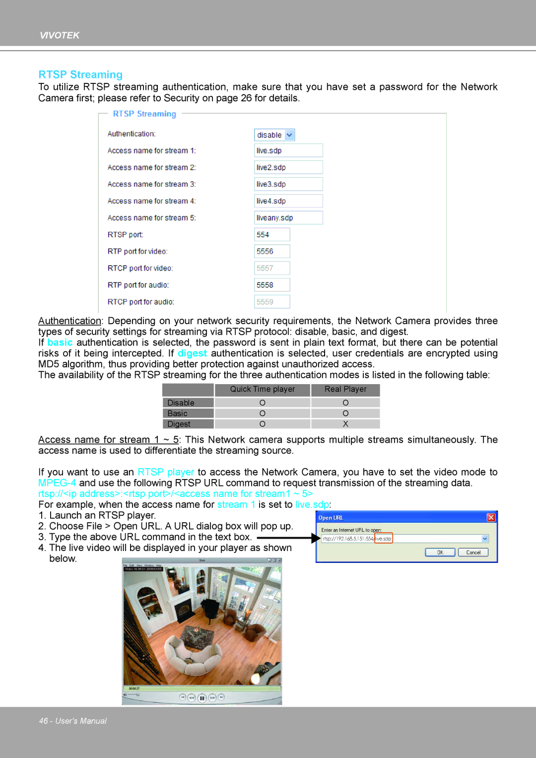 Vivotek IP8161 manual Rtsp Streaming 