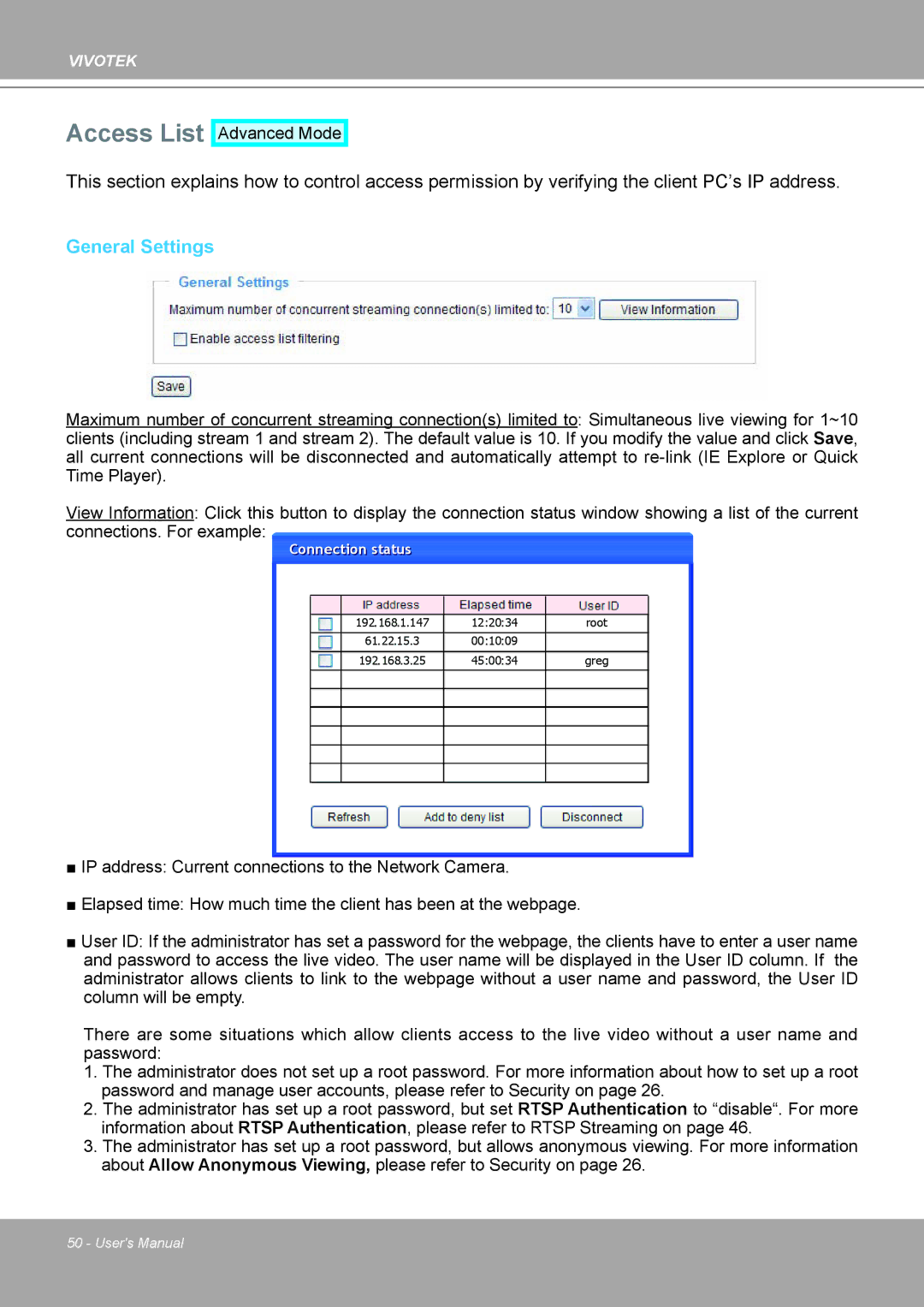 Vivotek IP8161 manual Access List, General Settings 