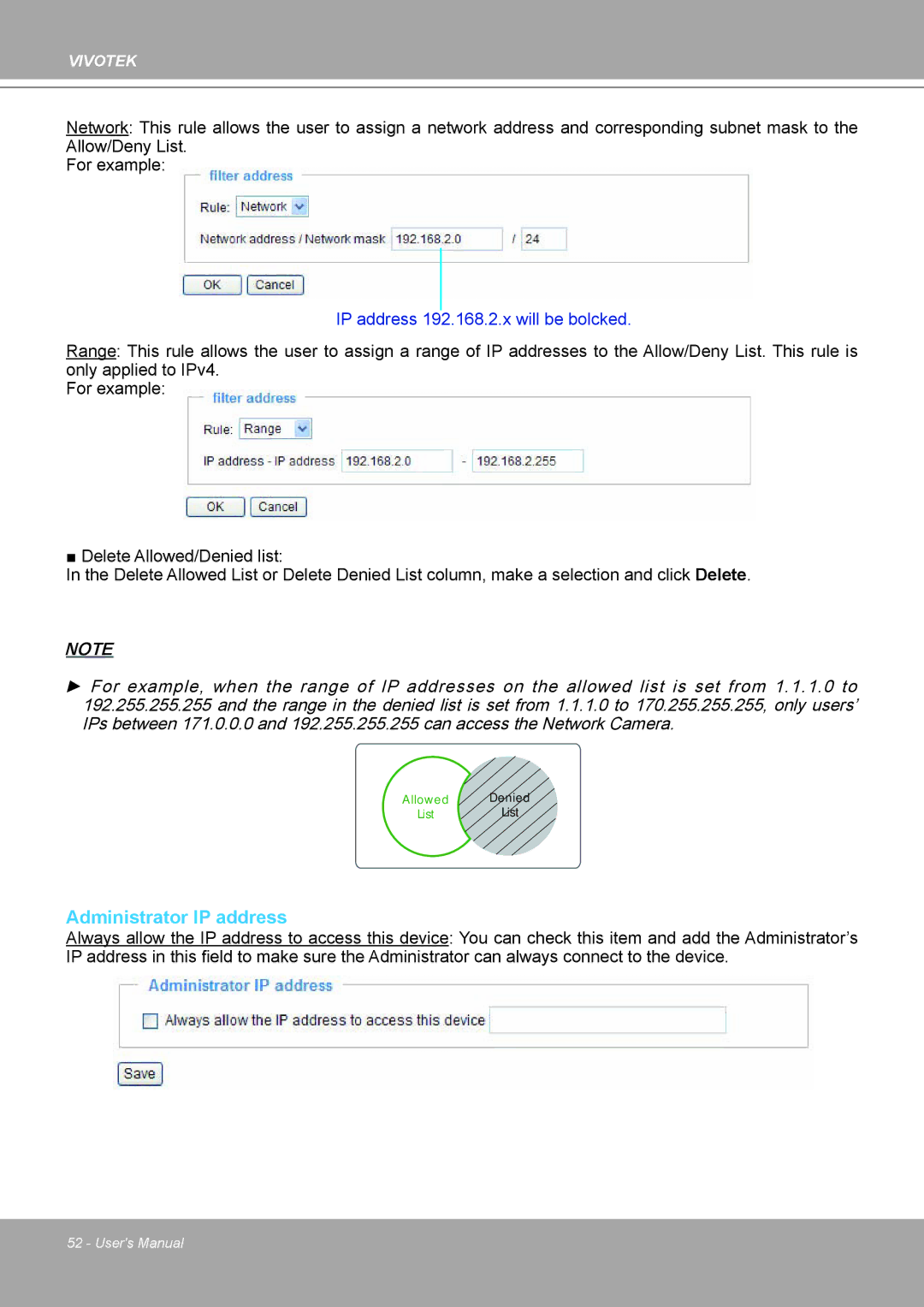 Vivotek IP8161 manual Administrator IP address, IP address 192.168.2.x will be bolcked 