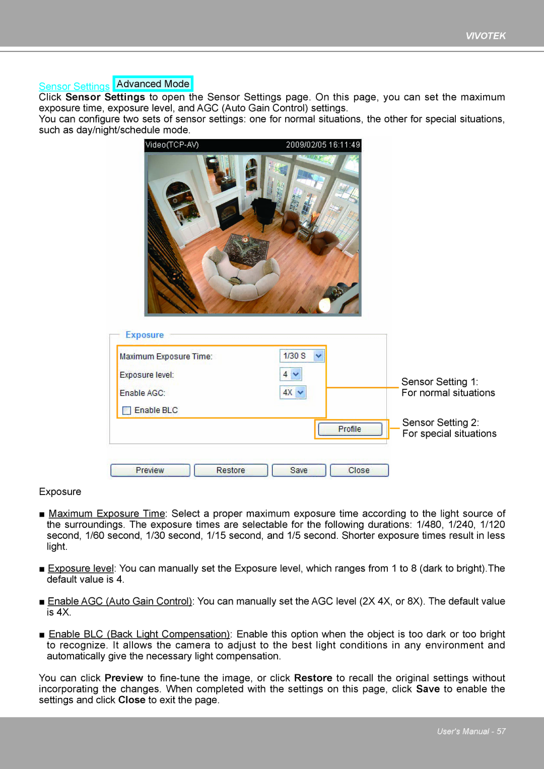 Vivotek IP8161 manual Sensor Settings Advanced Mode 