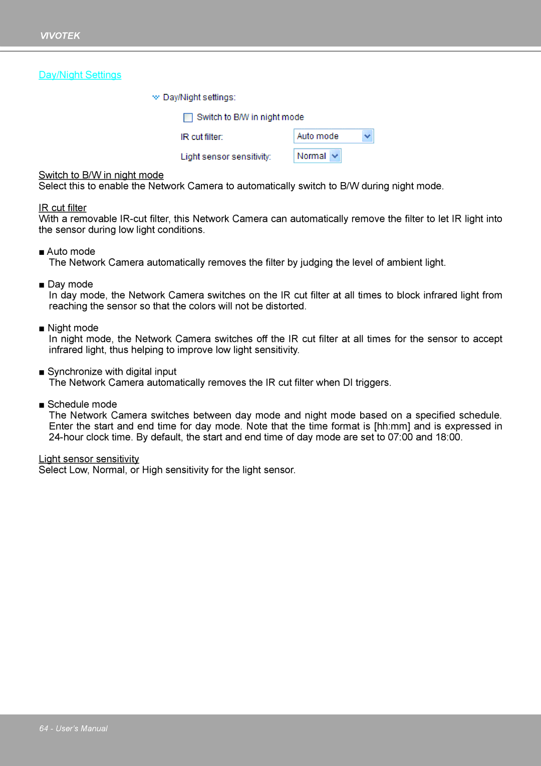 Vivotek IP8161 manual Day/Night Settings 
