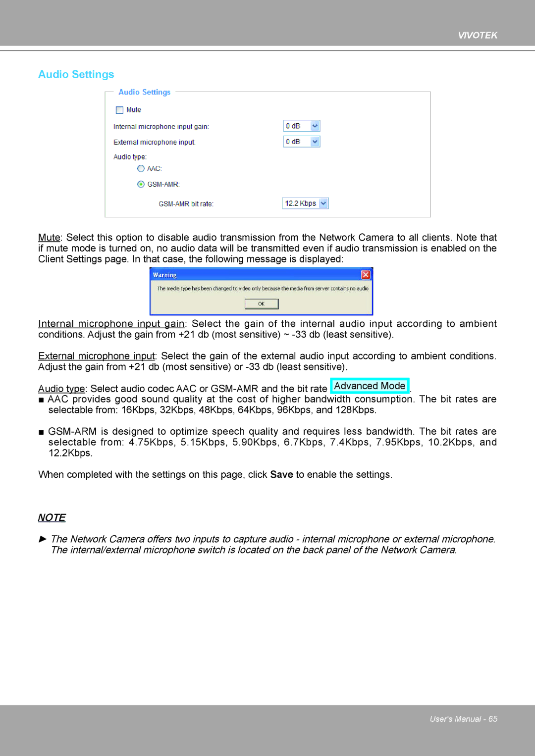 Vivotek IP8161 manual Audio Settings 