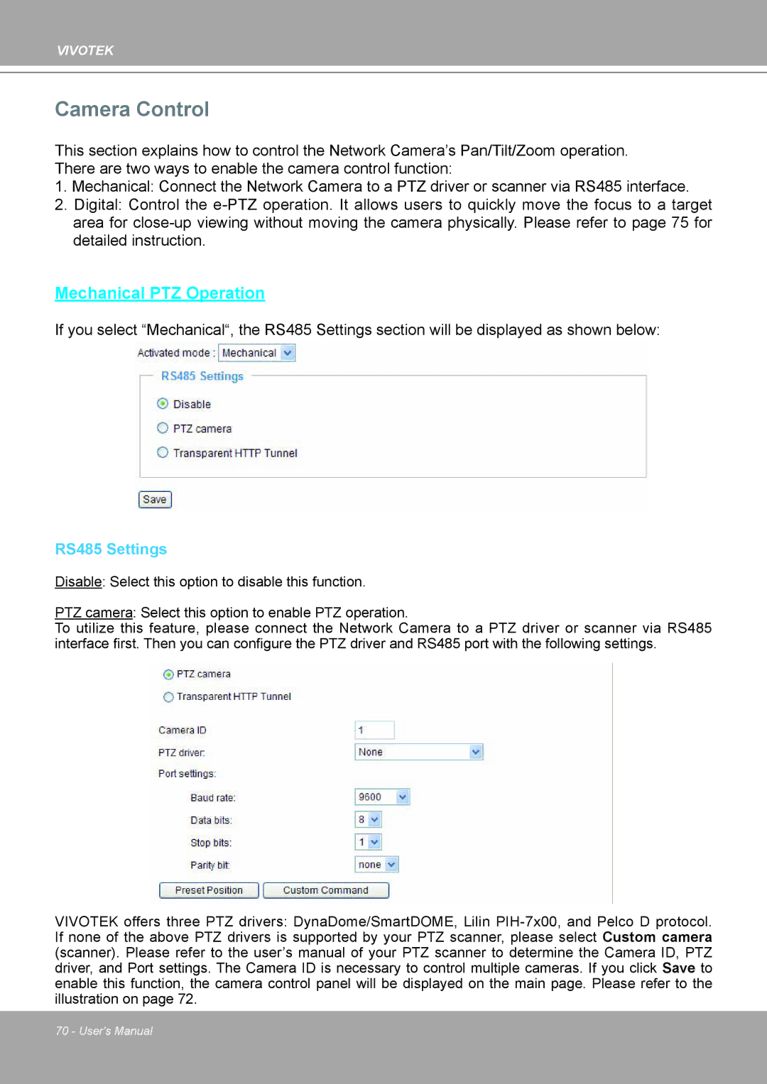 Vivotek IP8161 manual Camera Control, RS485 Settings 