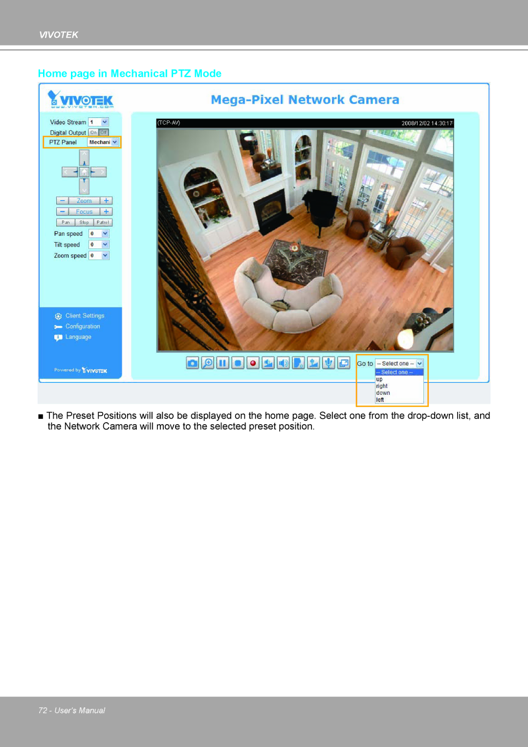 Vivotek IP8161 manual Home page in Mechanical PTZ Mode 