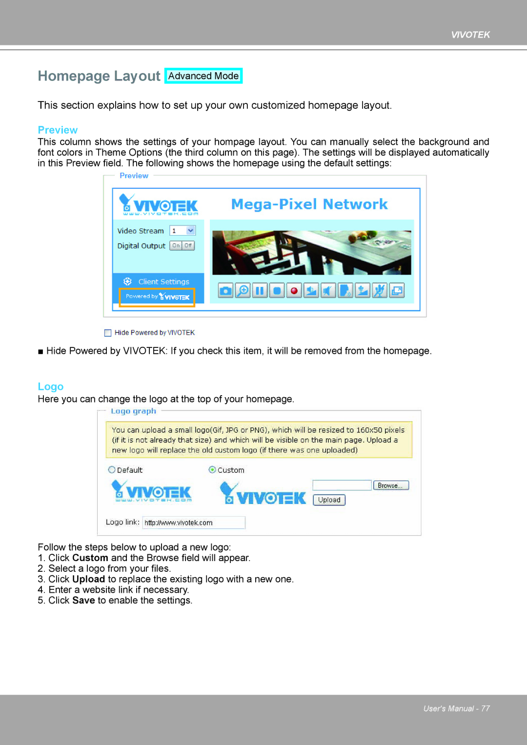 Vivotek IP8161 manual Homepage Layout, Preview, Logo 