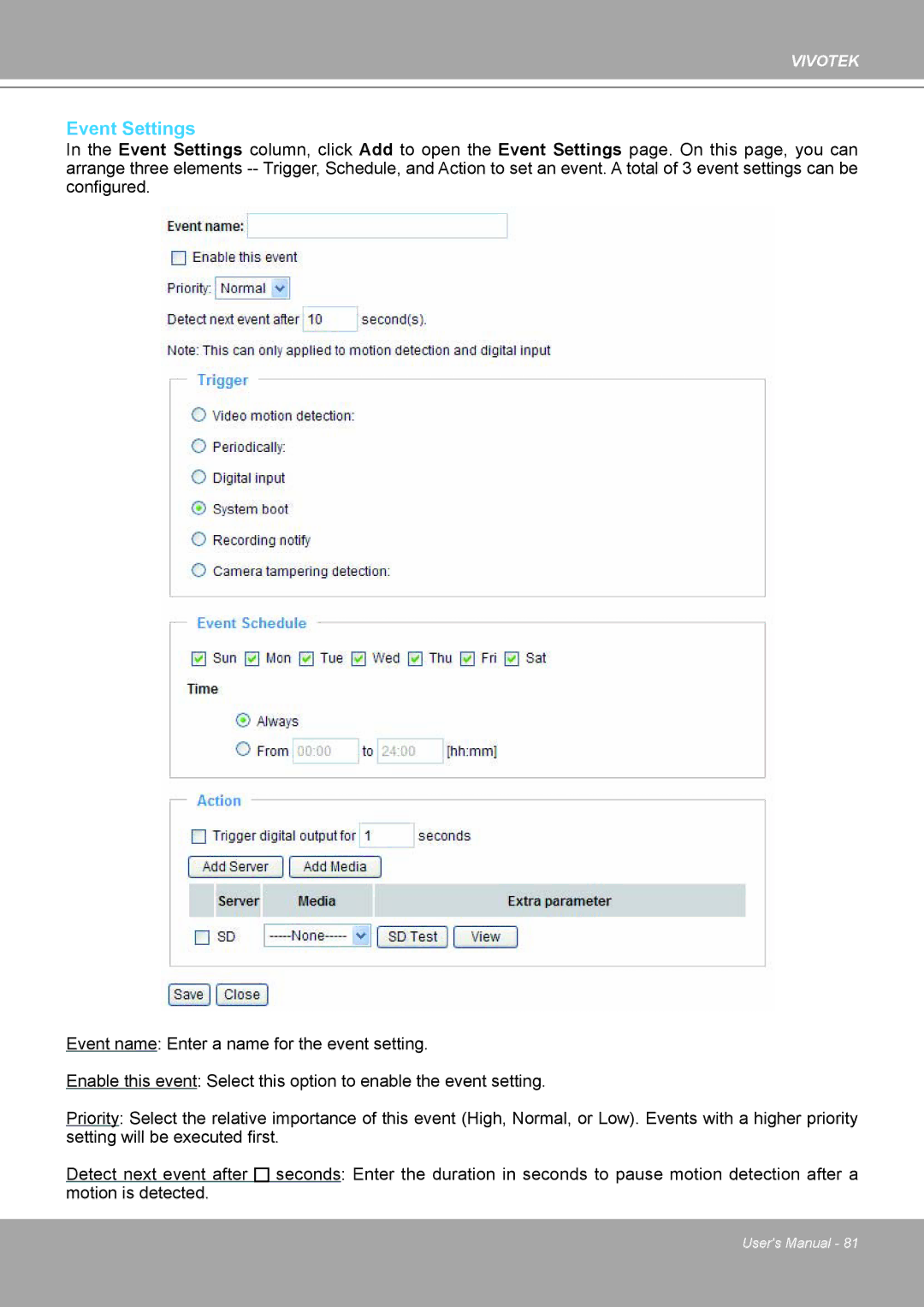 Vivotek IP8161 manual Event Settings 