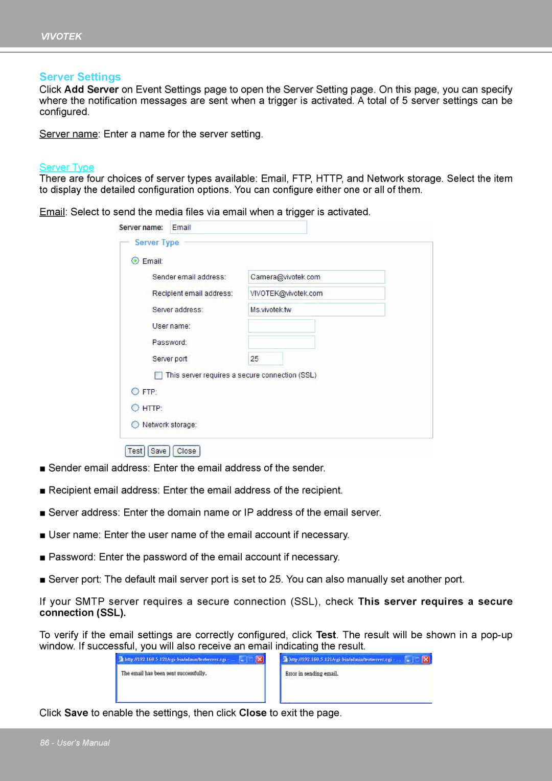 Vivotek IP8161 manual Server Settings, Server Type 