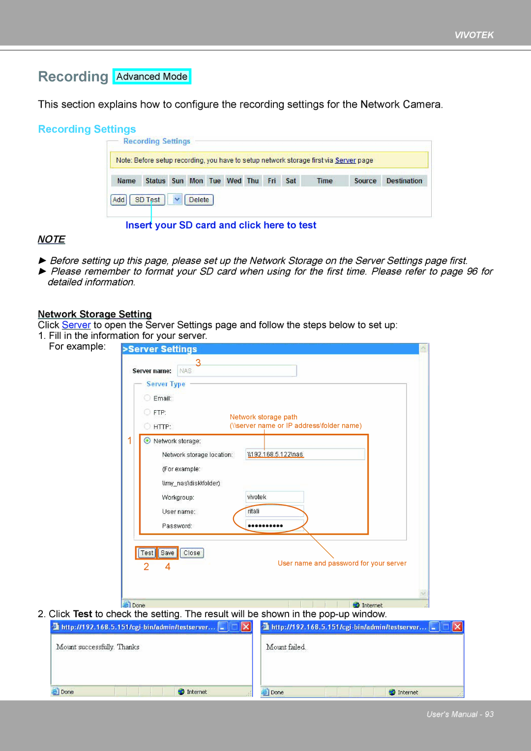 Vivotek IP8161 manual Recording Settings 