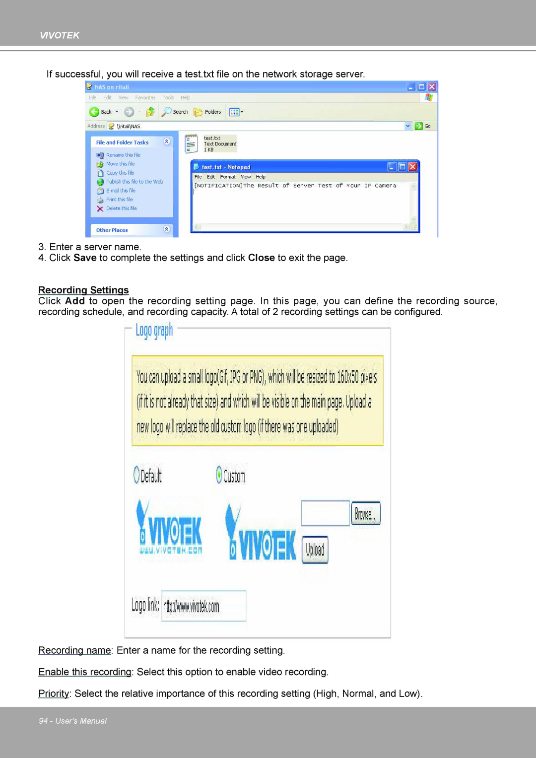 Vivotek IP8161 manual Recording Settings 