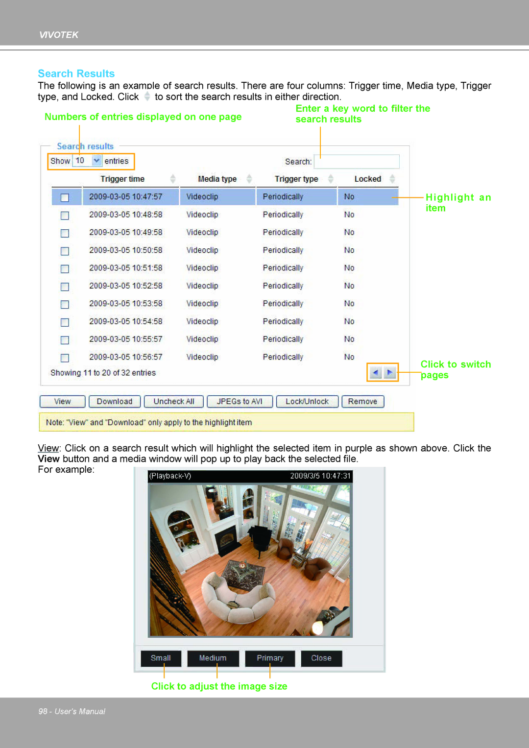 Vivotek IP8161 manual Search Results, Click to adjust the image size 