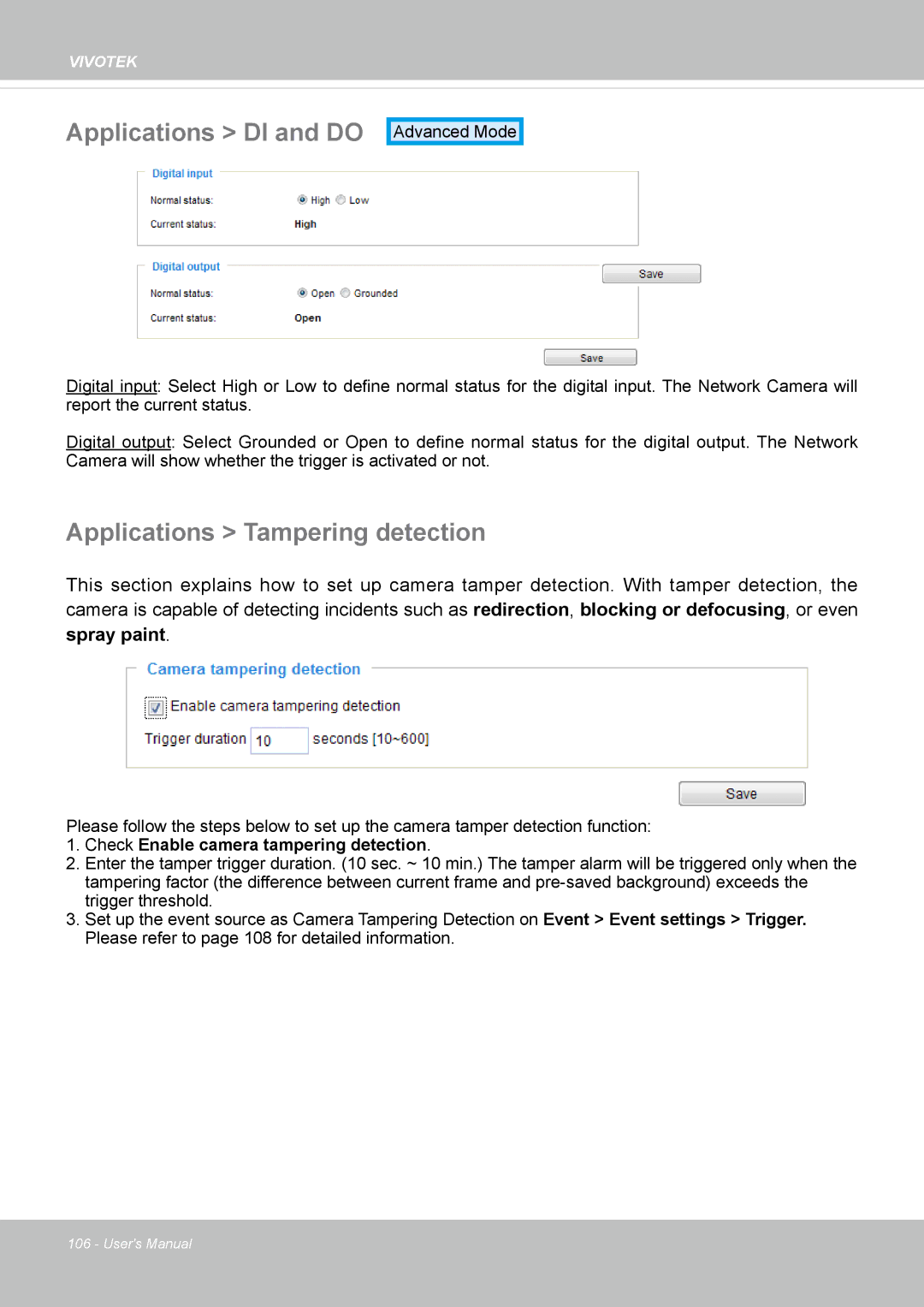 Vivotek IP8162 manual Applications DI and do, Applications Tampering detection 