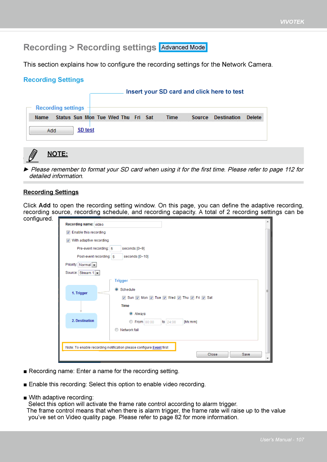 Vivotek IP8162 manual Recording Recording settings, Recording Settings 