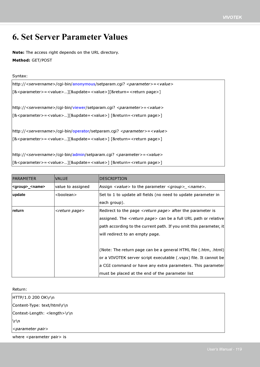 Vivotek IP8162 manual Set Server Parameter Values, Parameter Value Description 