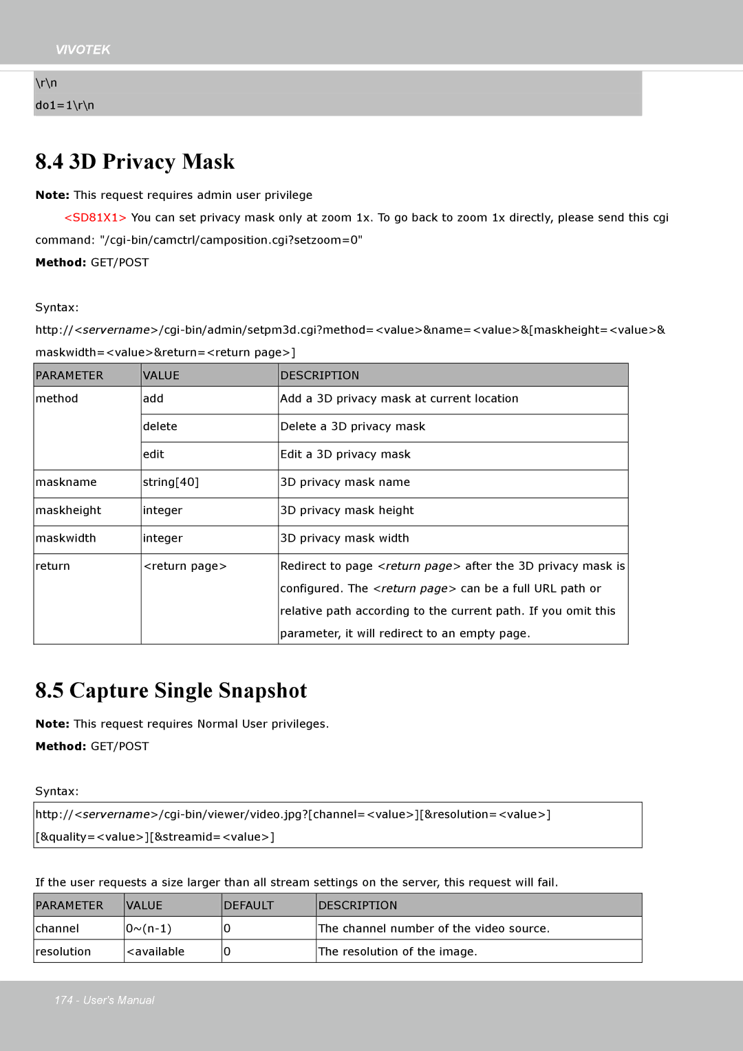 Vivotek IP8162 manual 3D Privacy Mask, Capture Single Snapshot, Parameter Value Default Description 