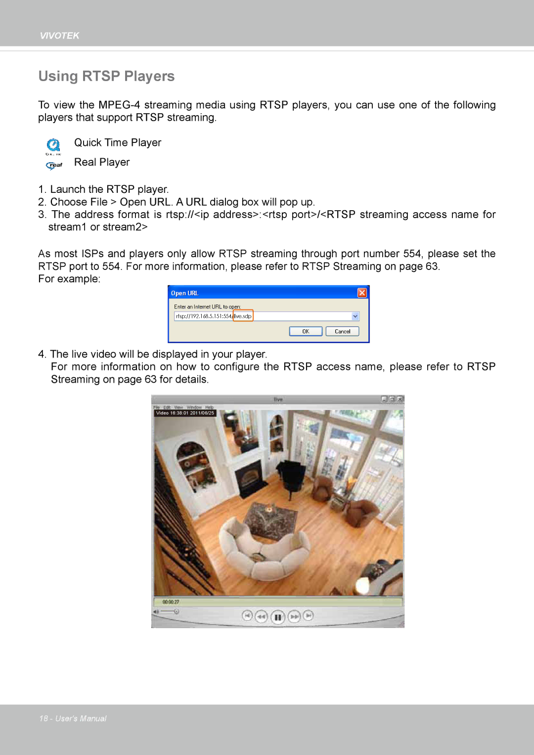 Vivotek IP8162 manual Using Rtsp Players 