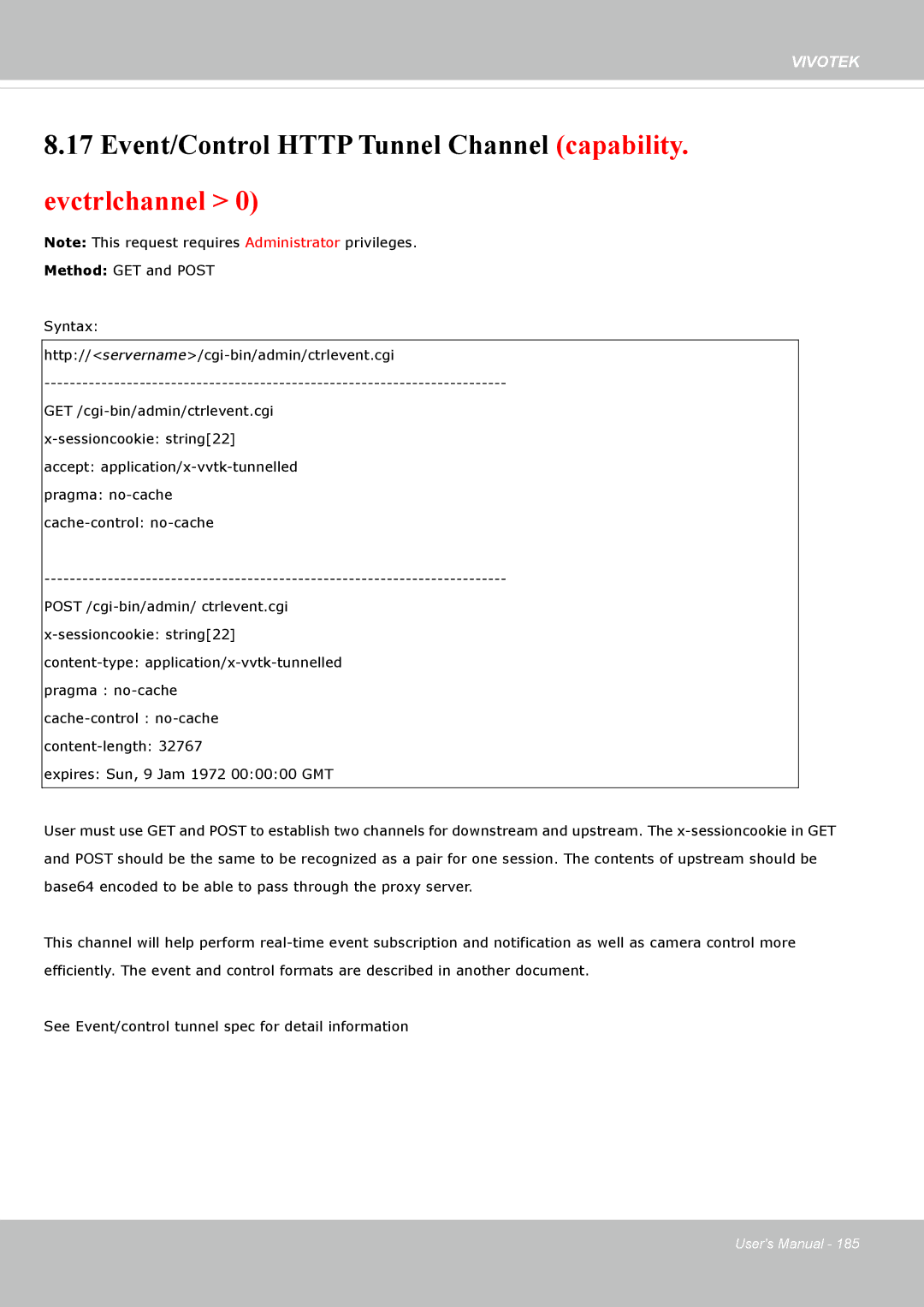 Vivotek IP8162 manual Event/Control Http Tunnel Channel capability. evctrlchannel 