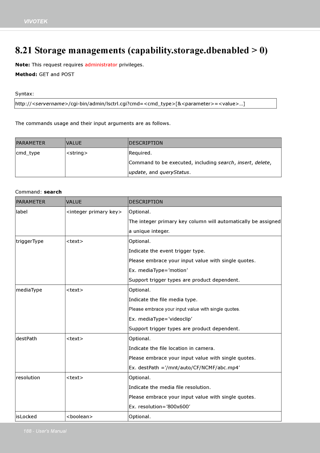 Vivotek IP8162 manual Storage managements capability.storage.dbenabled, Update, and queryStatus 