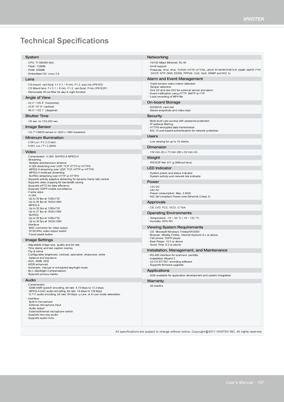 Vivotek IP8162 manual Technical Specifications, System Networking 