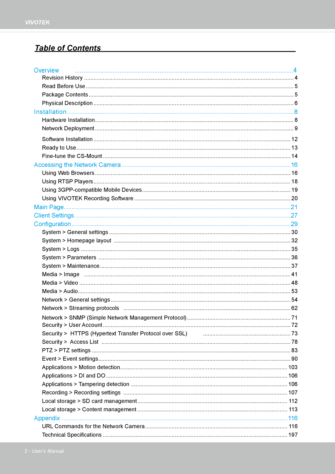 Vivotek IP8162 manual Table of Contents 