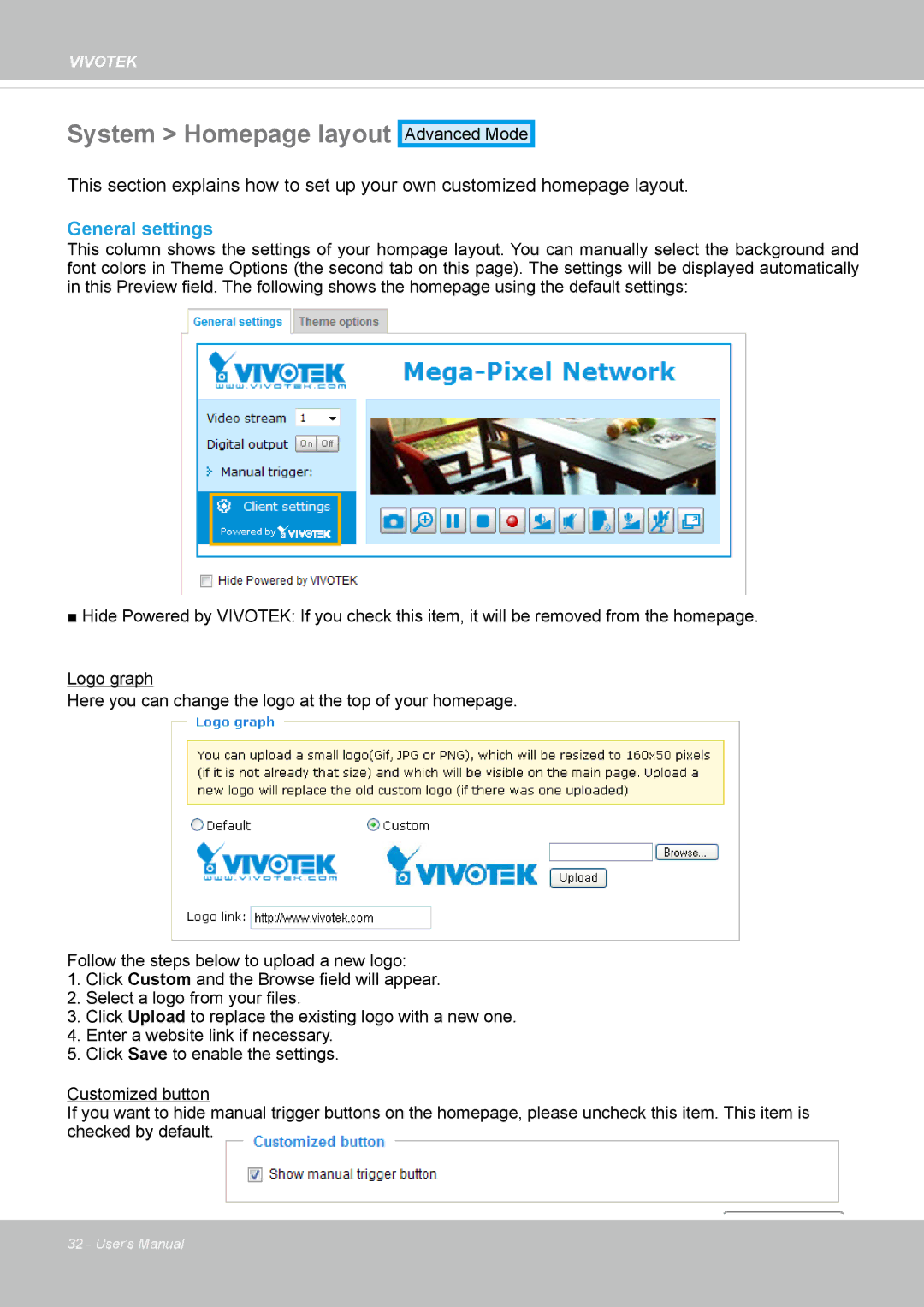 Vivotek IP8162 manual System Homepage layout, General settings 