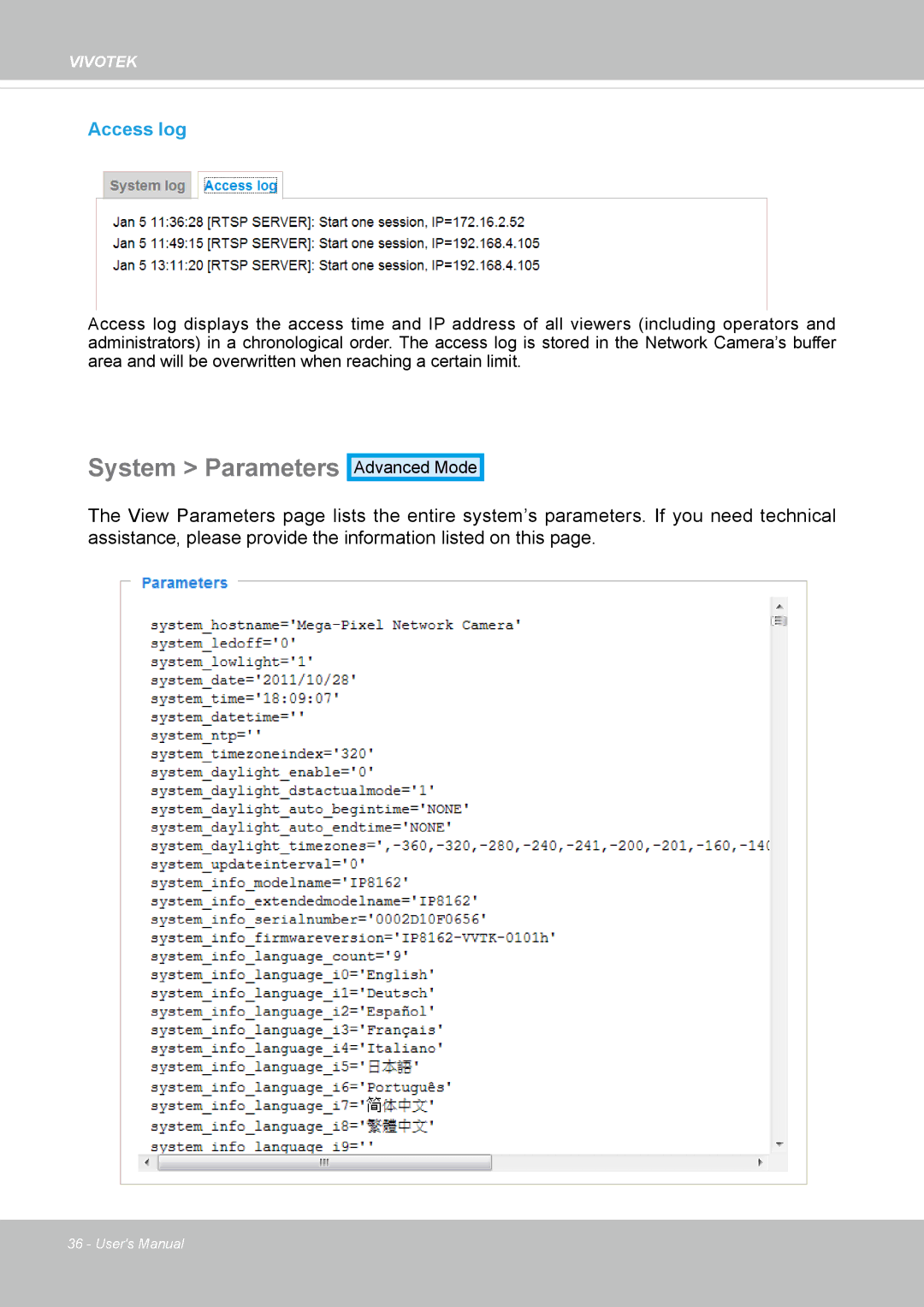 Vivotek IP8162 manual System Parameters, Access log 