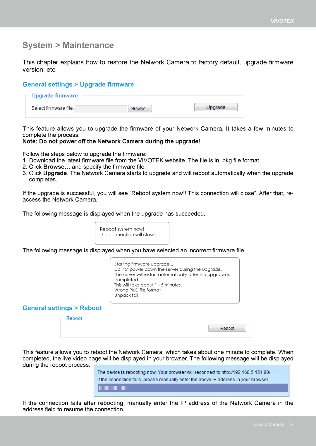 Vivotek IP8162 manual System Maintenance, General settings Upgrade firmware, General settings Reboot 