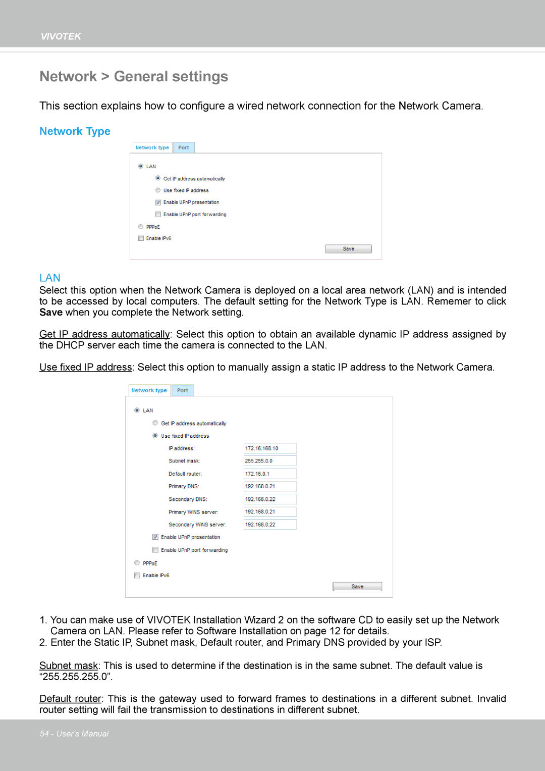 Vivotek IP8162 manual Network General settings, Network Type 