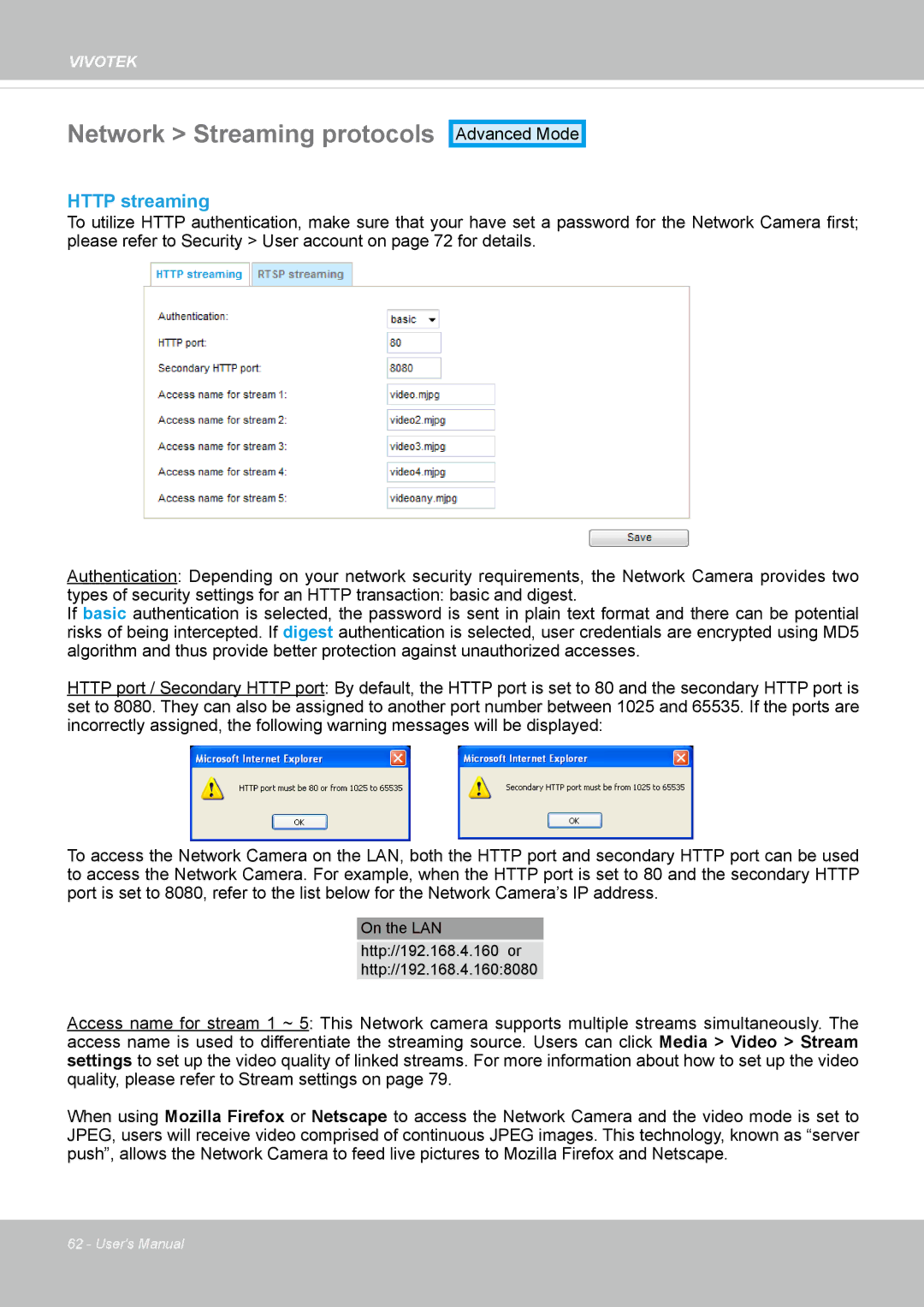 Vivotek IP8162 manual Network Streaming protocols, Http streaming 