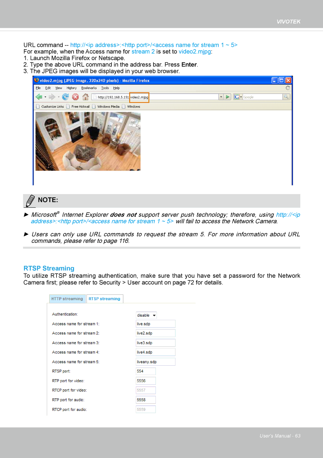 Vivotek IP8162 manual Rtsp Streaming 