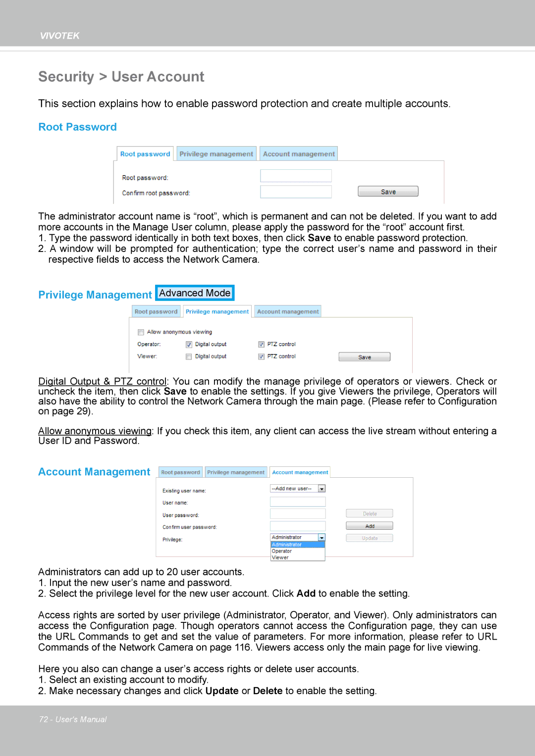 Vivotek IP8162 manual Security User Account, Root Password, Privilege Management, Account Management 