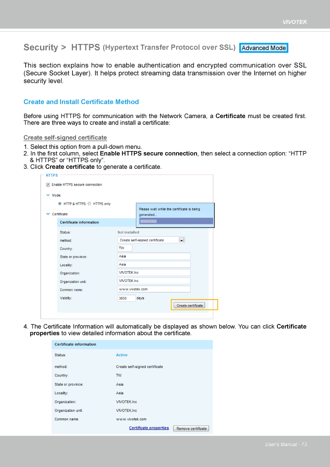 Vivotek IP8162 manual Security Https Hypertext Transfer Protocol over SSL, Create and Install Certificate Method 