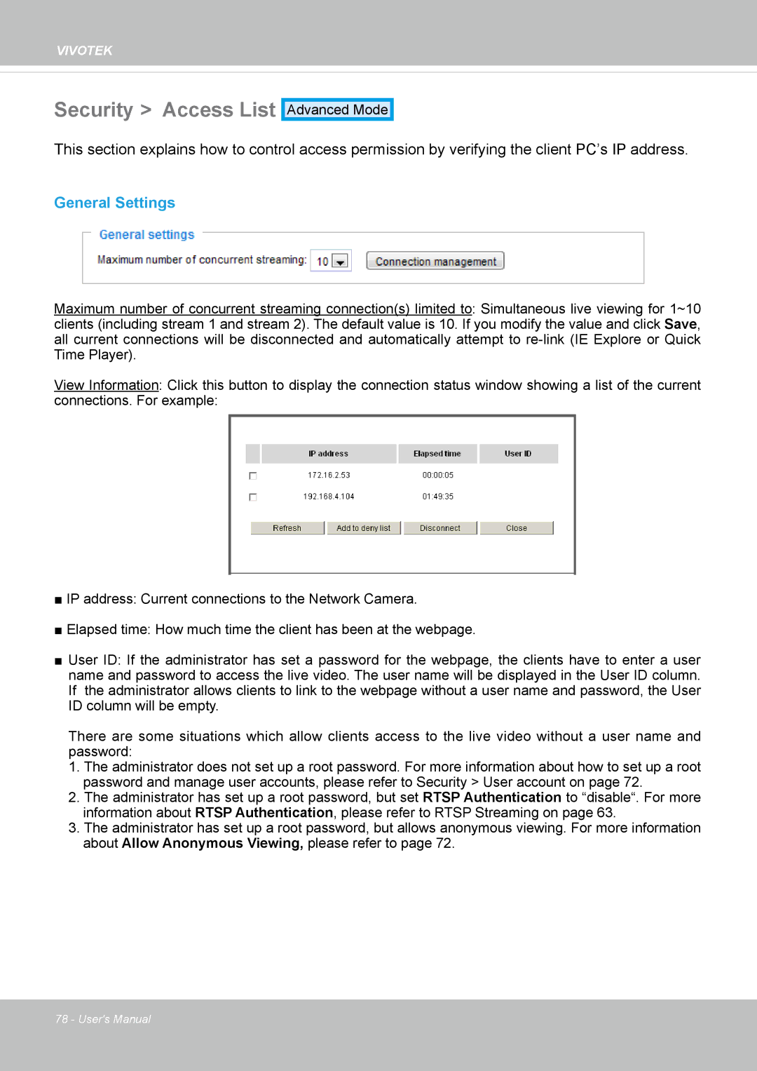 Vivotek IP8162 manual Security Access List, General Settings 