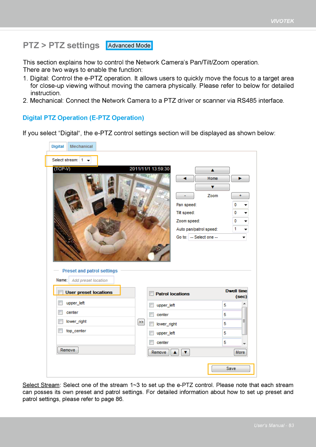 Vivotek IP8162 manual PTZ PTZ settings, Digital PTZ Operation E-PTZ Operation 