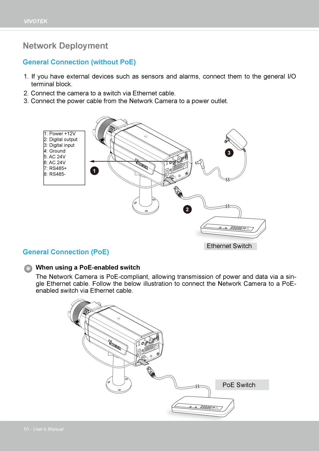 Vivotek IP8172, 72P user manual Network Deployment, General Connection without PoE 