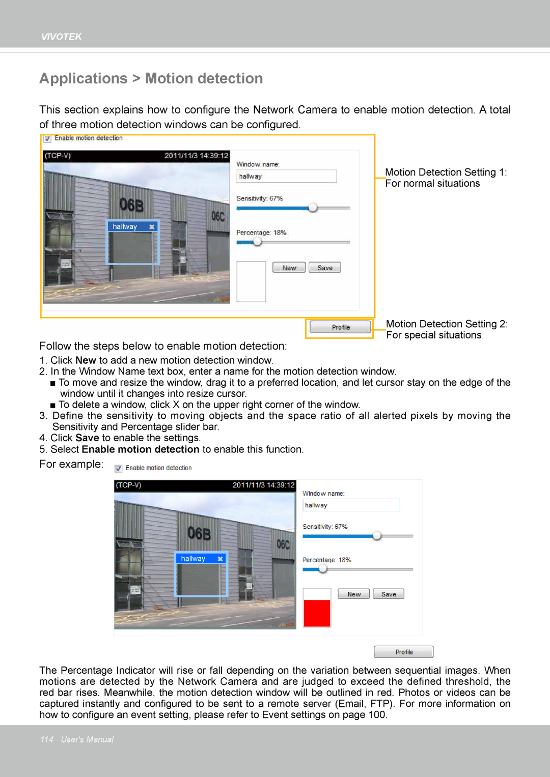 Vivotek IP8172, 72P user manual Applications Motion detection 