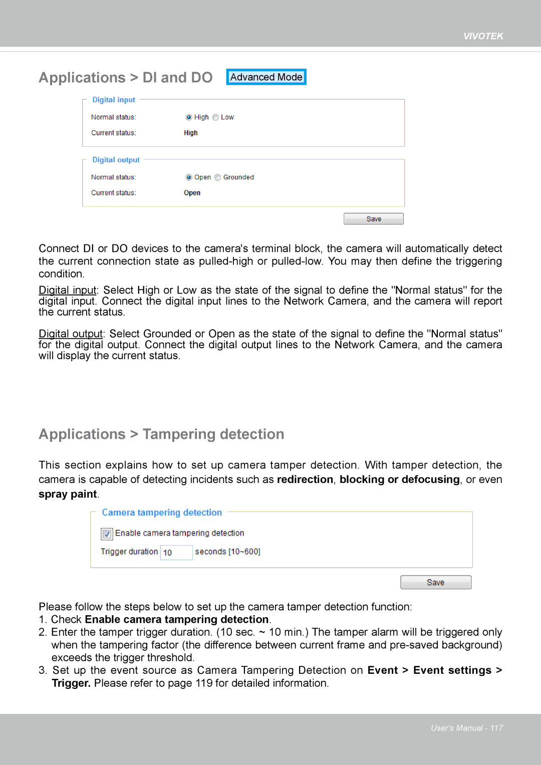 Vivotek 72P, IP8172 user manual Applications DI and do, Applications Tampering detection 