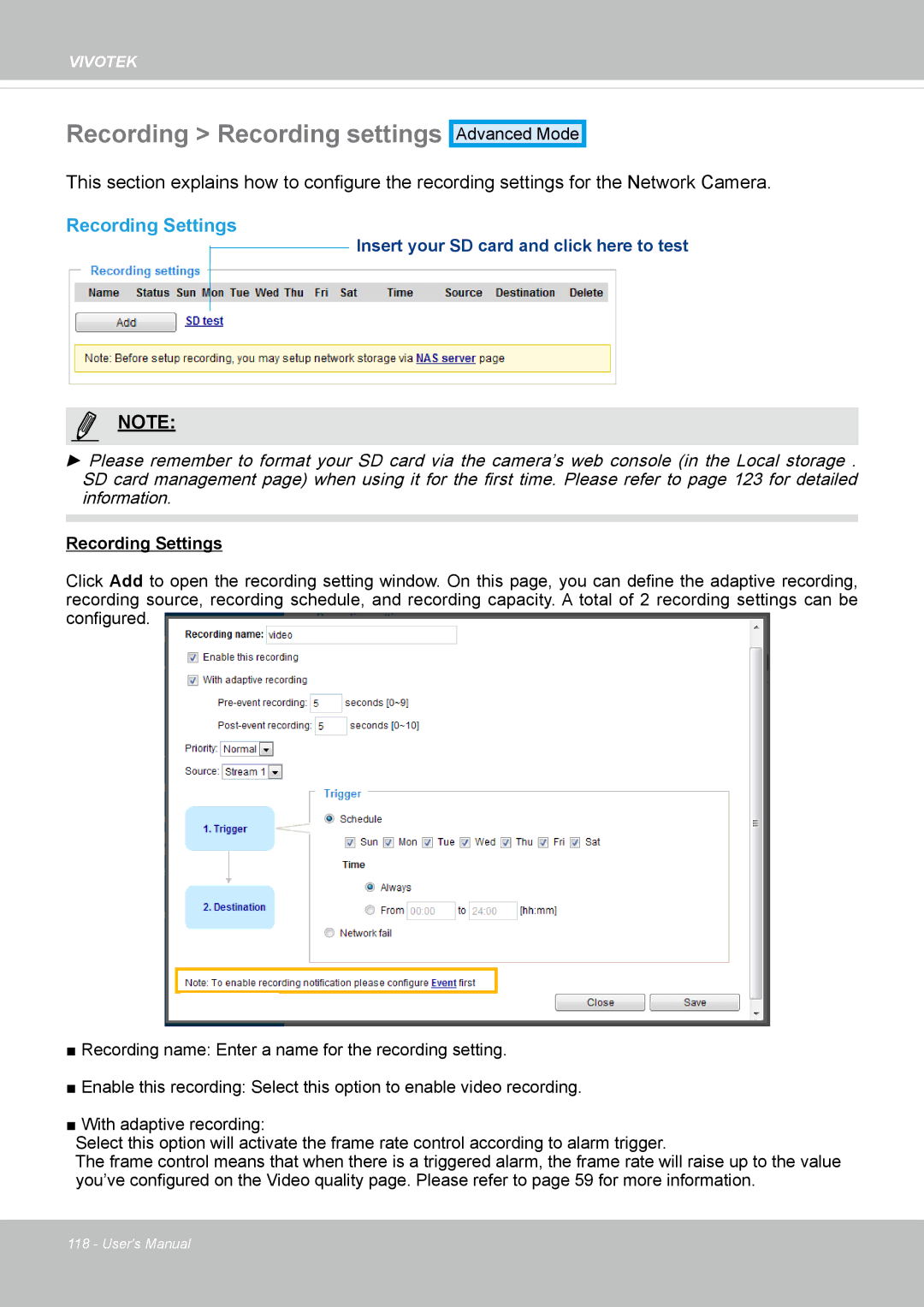 Vivotek IP8172, 72P user manual Recording Recording settings, Recording Settings 