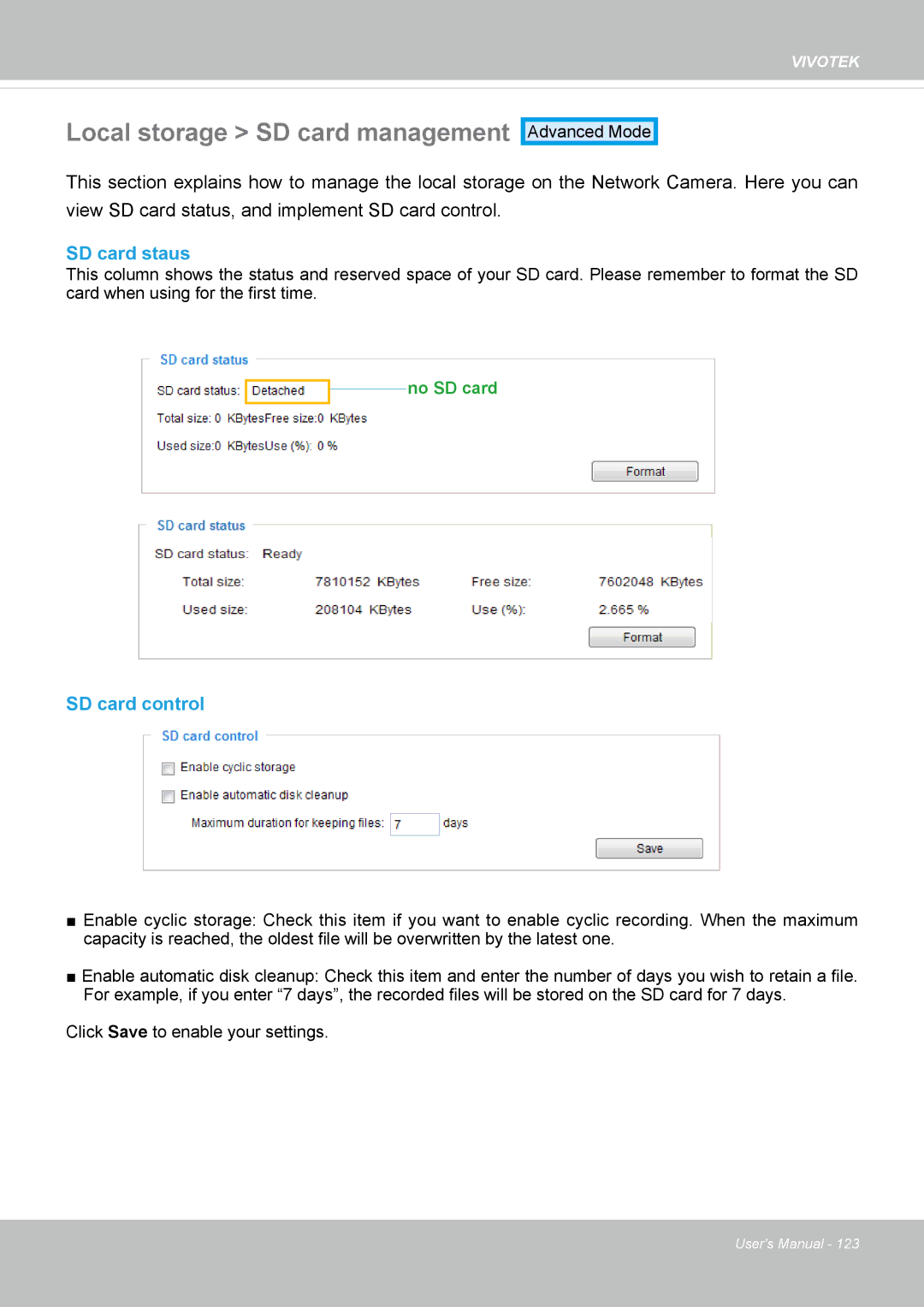 Vivotek 72P, IP8172 user manual Local storage SD card management, SD card staus, SD card control 