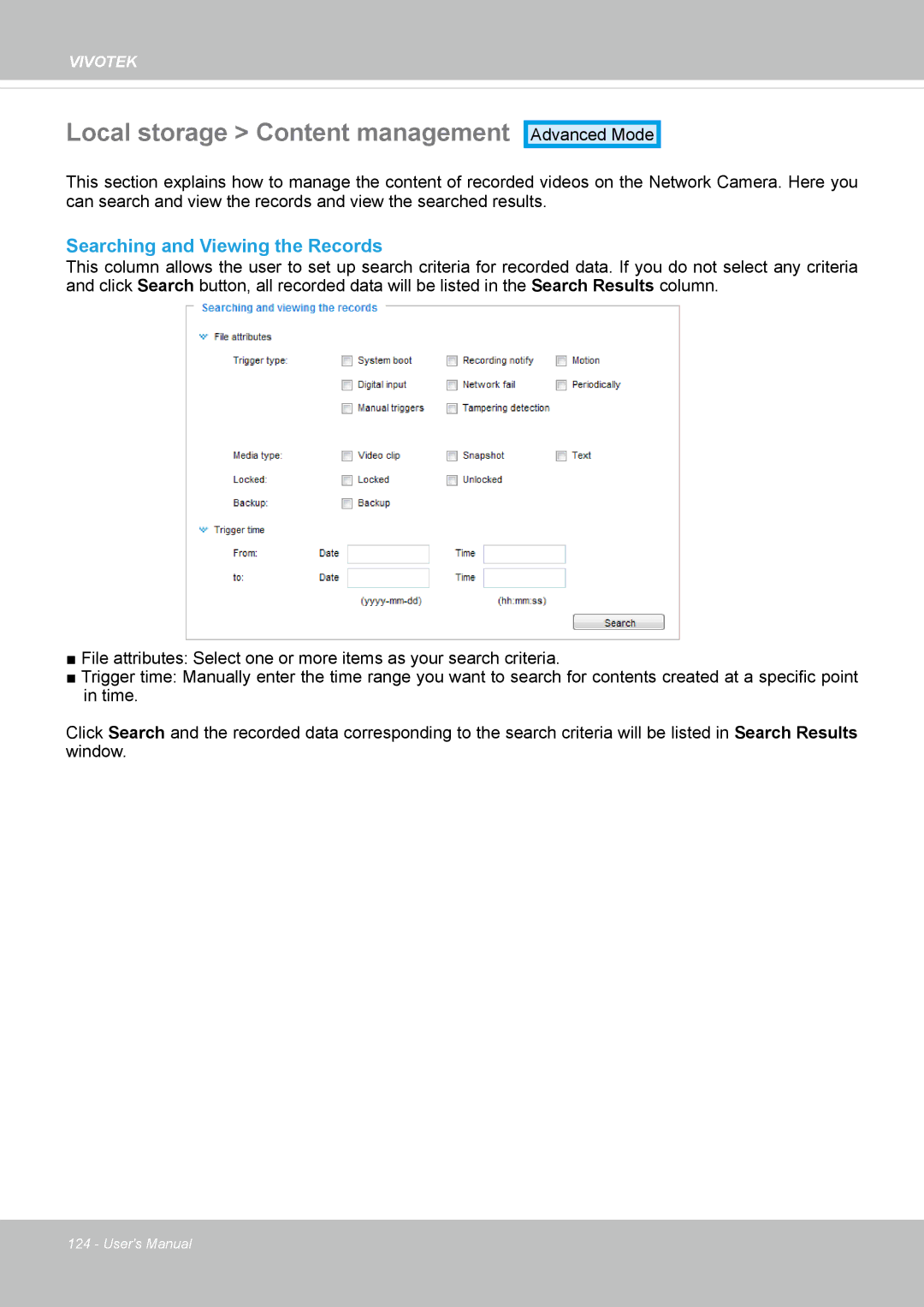 Vivotek IP8172, 72P user manual Local storage Content management, Searching and Viewing the Records 