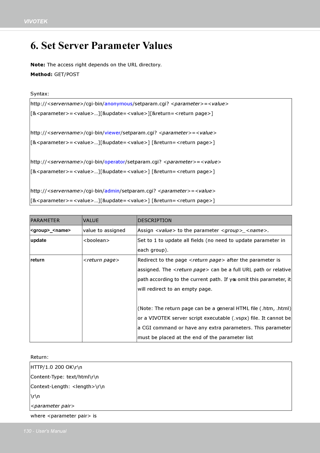 Vivotek IP8172, 72P user manual Set Server Parameter Values, Parameter Value Description 