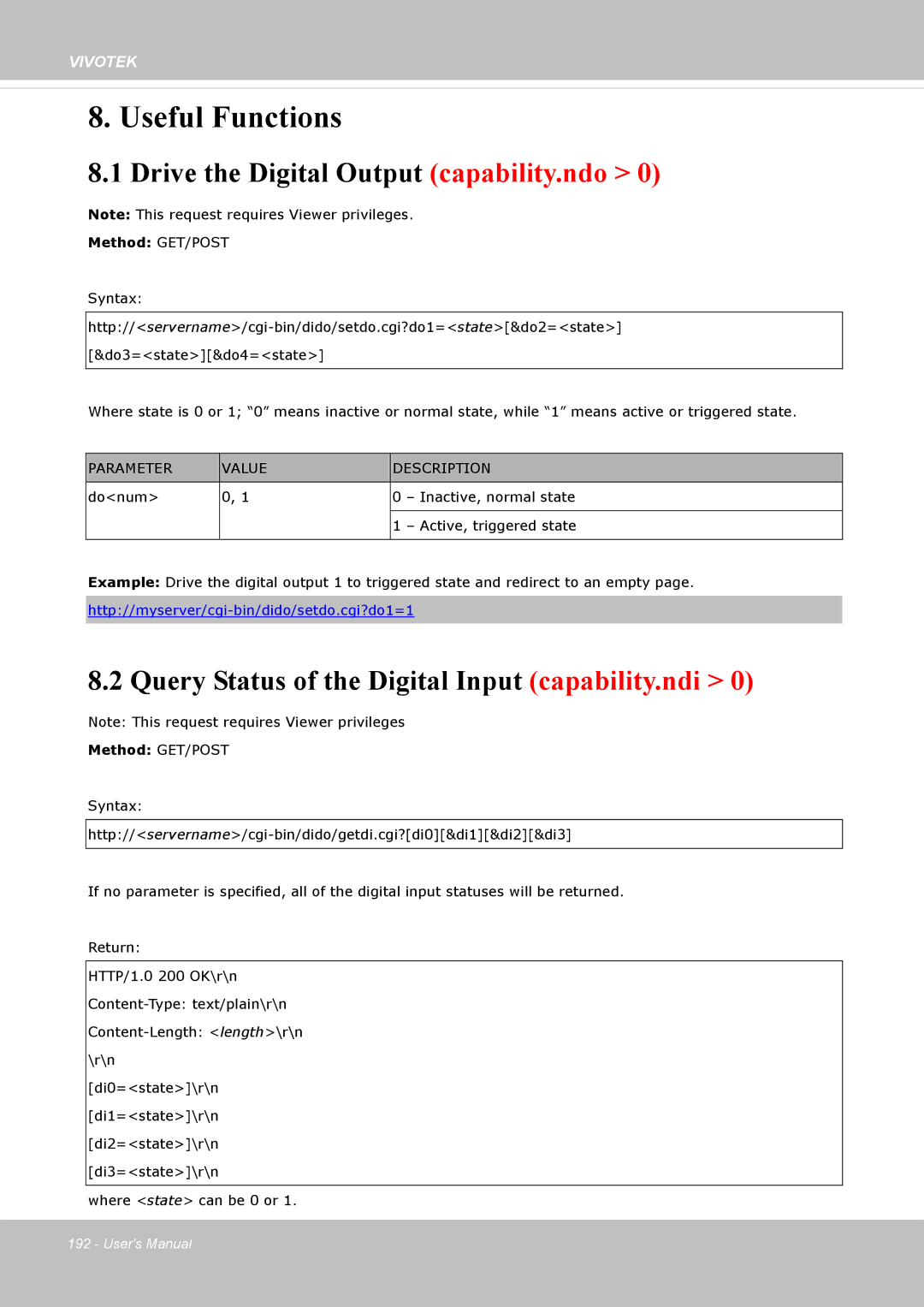 Vivotek IP8172, 72P user manual Drive the Digital Output capability.ndo, Query Status of the Digital Input capability.ndi 