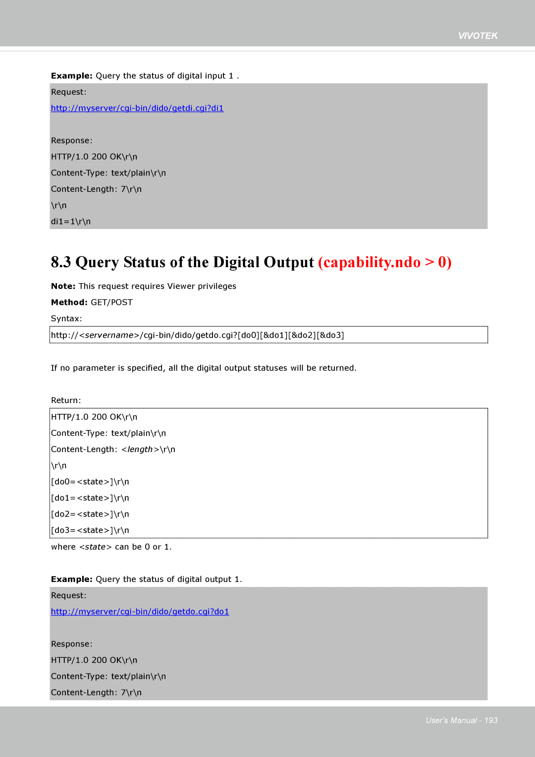 Vivotek 72P, IP8172 user manual Query Status of the Digital Output capability.ndo, Http//myserver/cgi-bin/dido/getdi.cgi?di1 