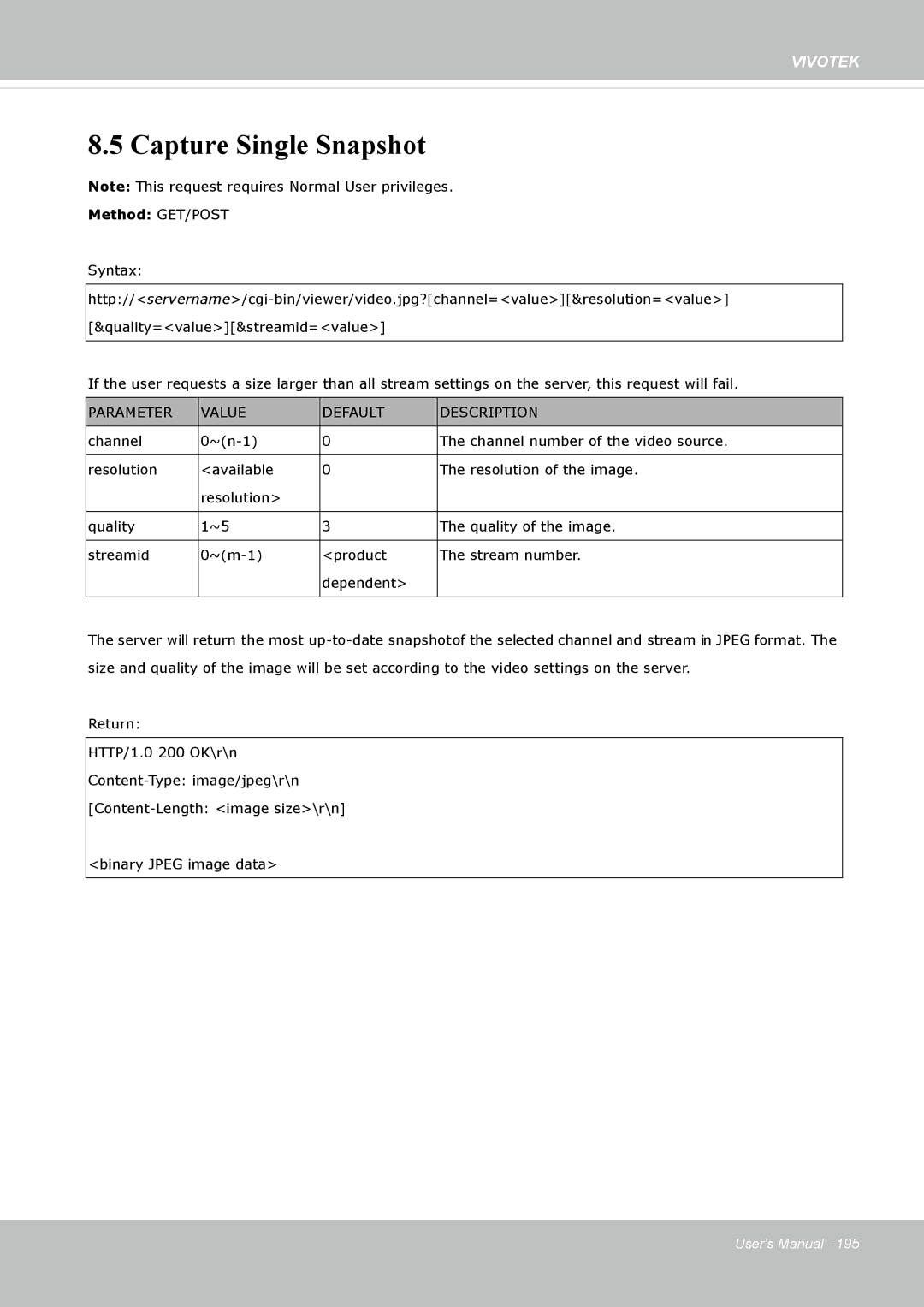 Vivotek 72P, IP8172 user manual Capture Single Snapshot, Parameter Value Default Description 