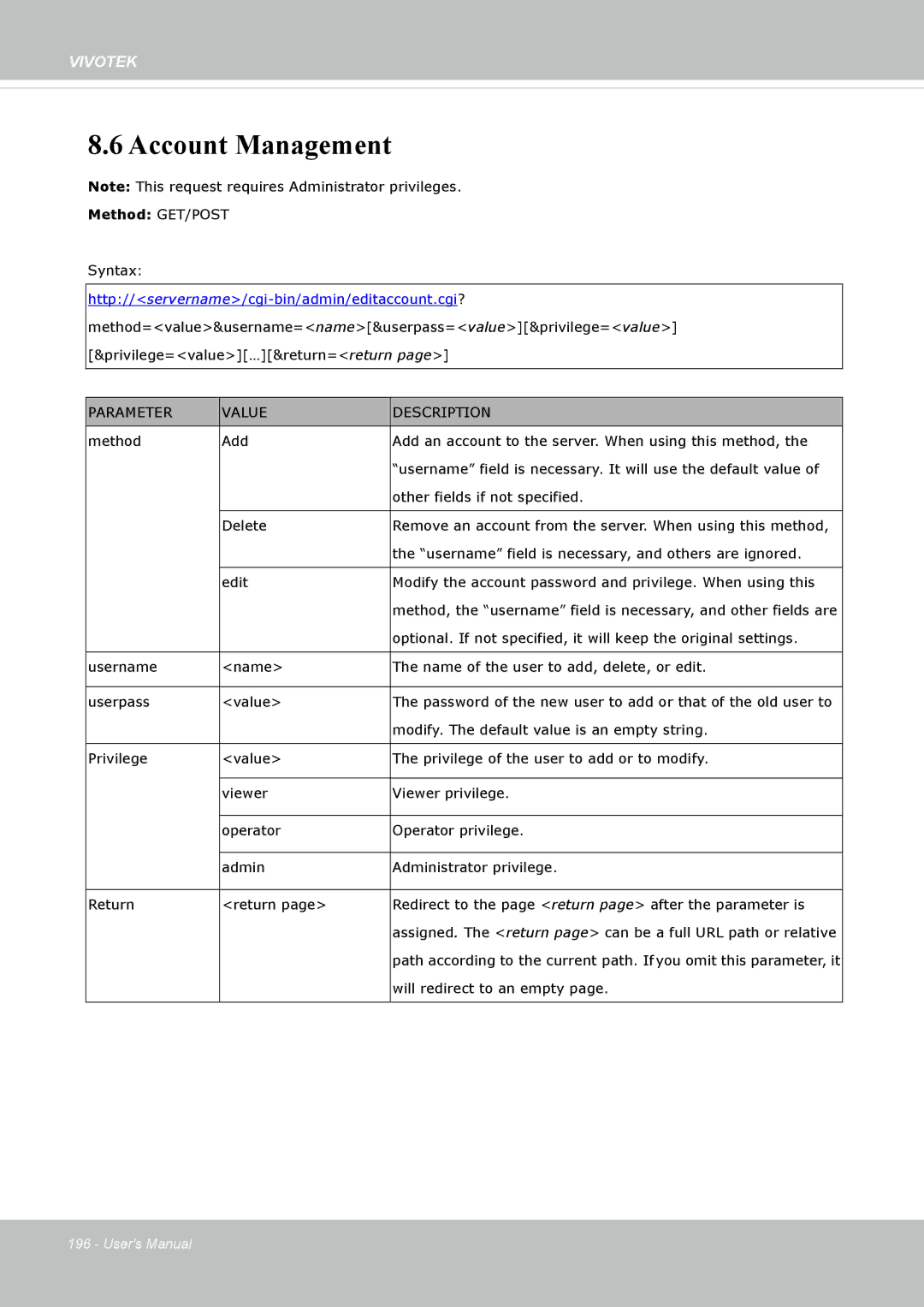 Vivotek IP8172, 72P user manual Account Management 